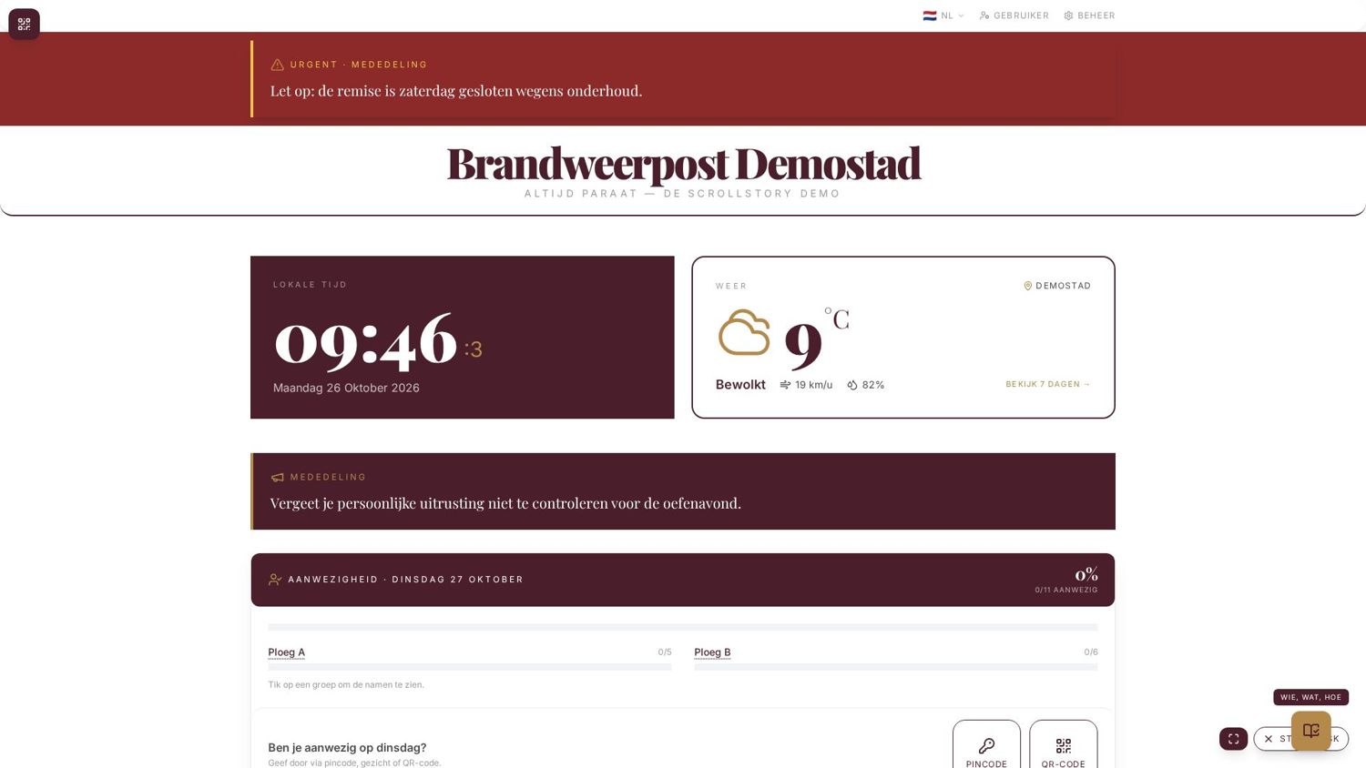 Kiosk · nieuws, klok, weer & aanwezigheid